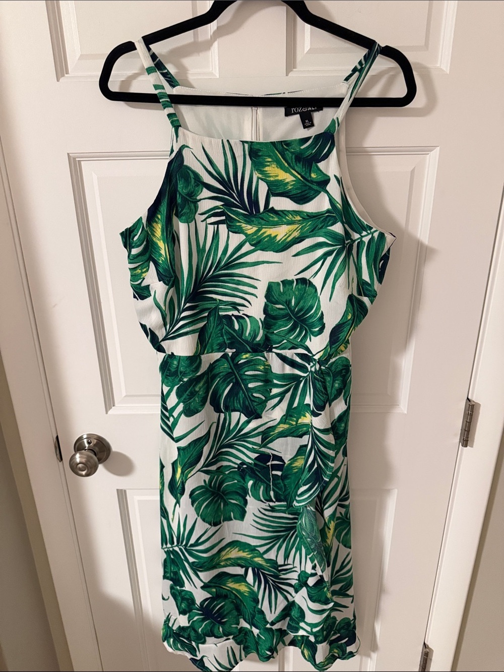 Roz & Ali Monstera Palm Print Faux Wrap Midi Dress Cascade Ruffle Tropical XL
